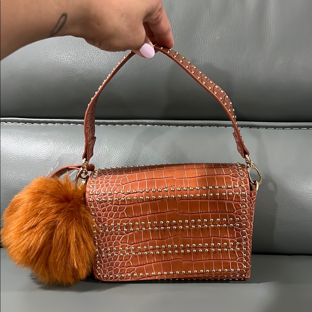 Croc-Embossed Tan Handbag with Pom Pom